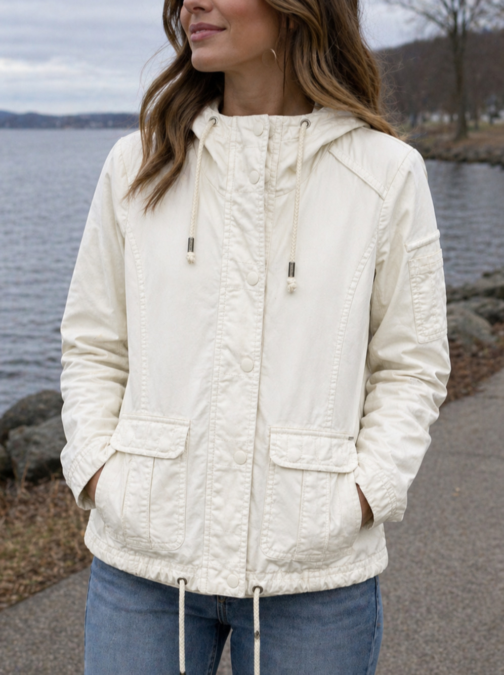 Garage Utility Jacket Womens XS Ivory Hooded Drawstring Waist Cotton Gorpcore